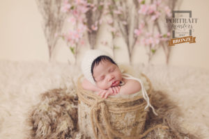 A little newborn baby in a birch bucket surrounded by beautiful pink flowers