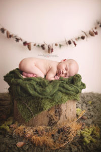 A little newborn baby on a tree stump posed for his newborn photo session with Joanna Booth photography